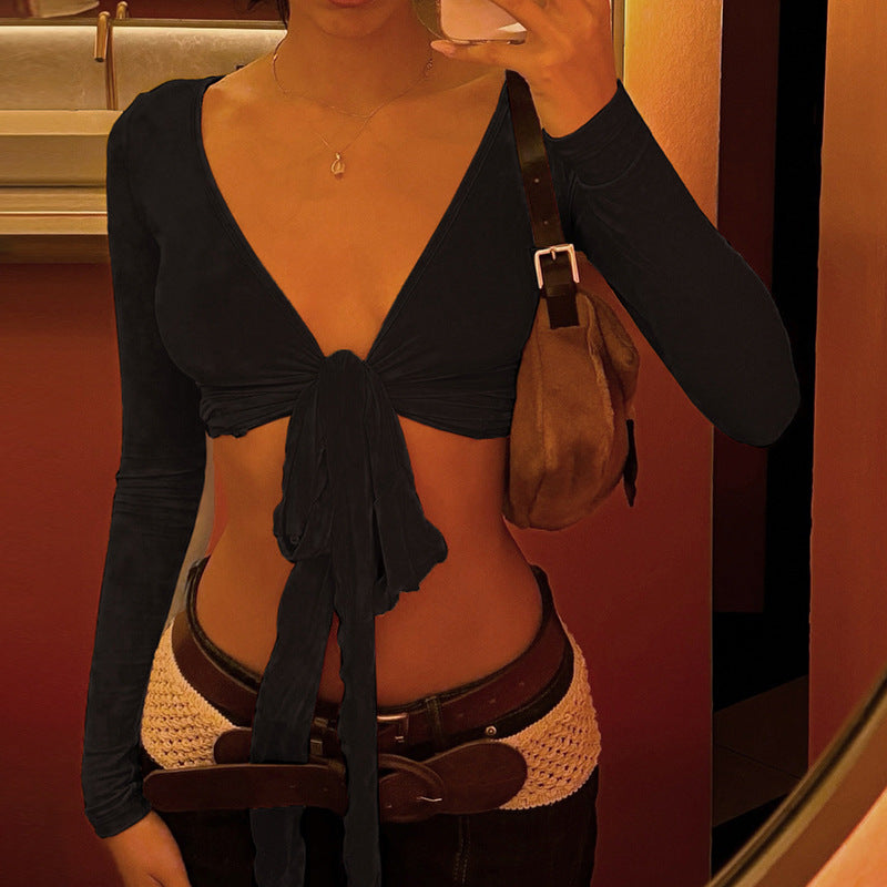 Women's Lace-Up V-Neck Cropped Top