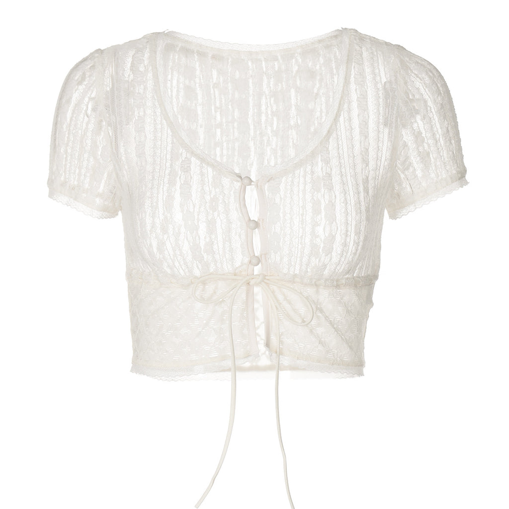 Lace Up Sheer Cropped Cardigan Top