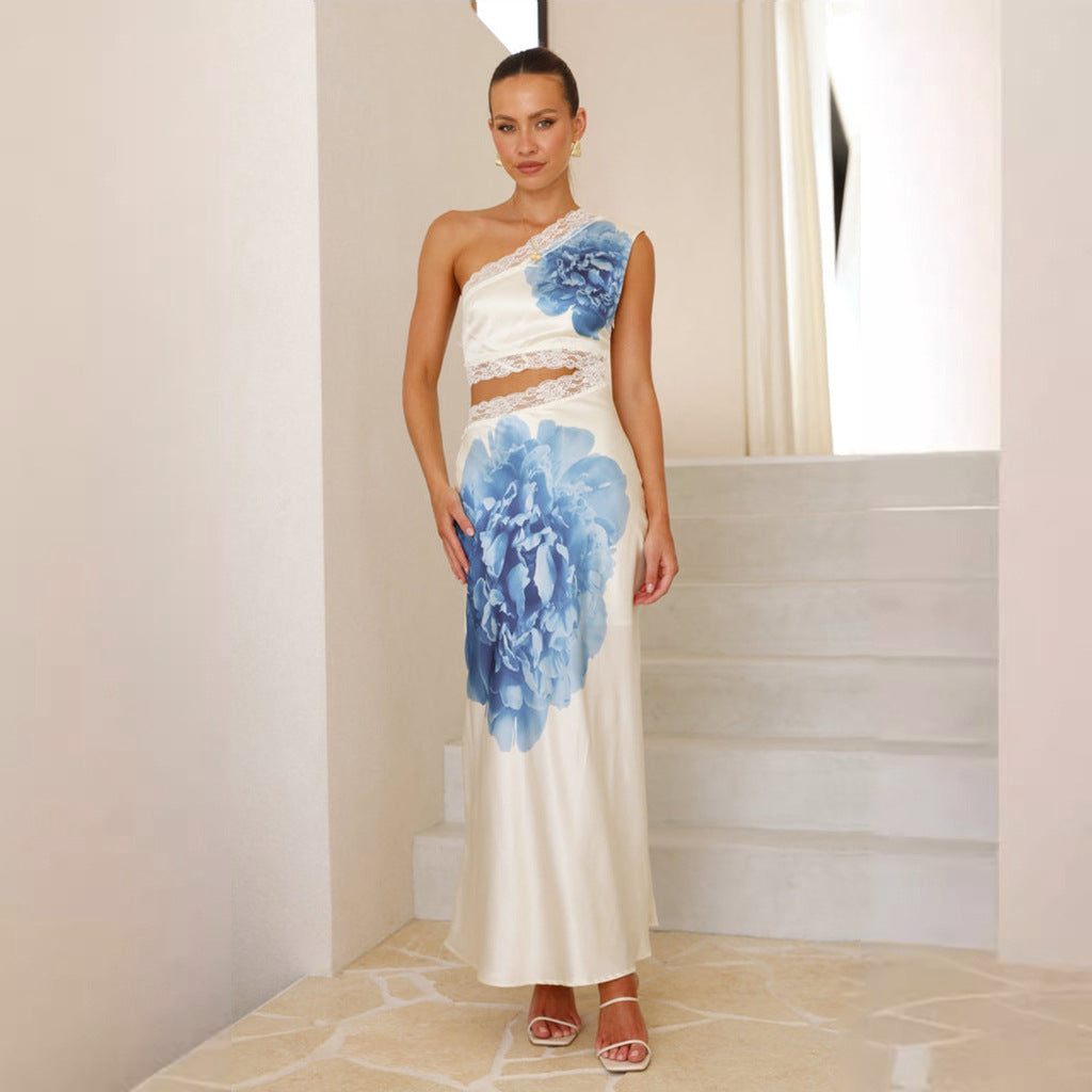 Floral One Shoulder Cutout Bodycon Maxi Dress