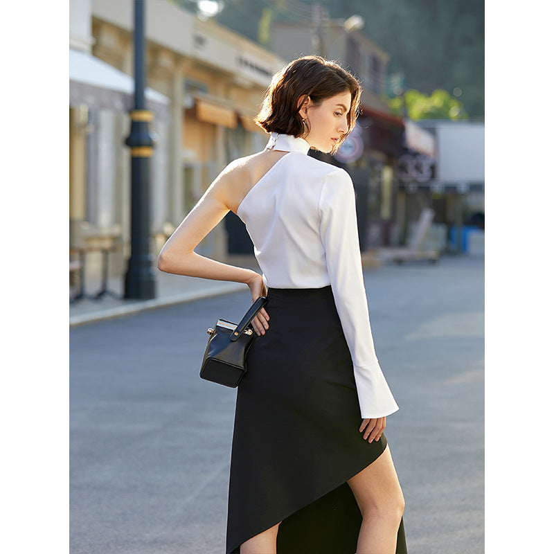 Women’s White Asymmetric Ruffle One Shoulder Top