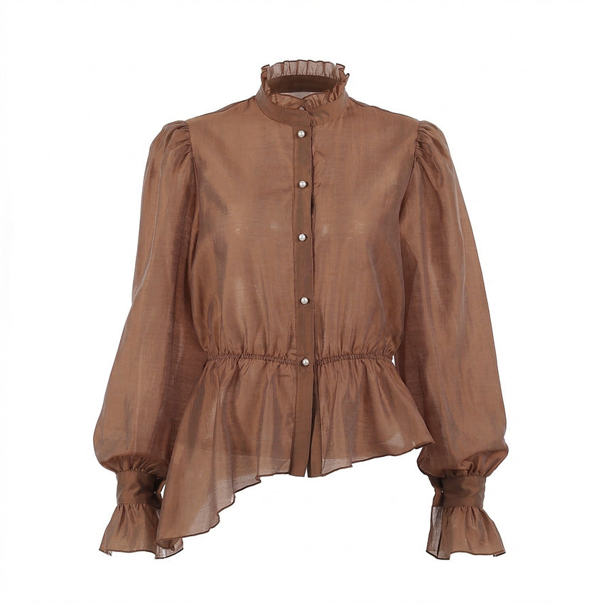 Women's French Gentle Tencel Long Sleeve Waist Tight Puff Sleeve Top Women Blouse For Commuting