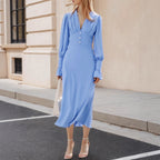 Women's Pleated Deep-V Button Waist A-Line Dress