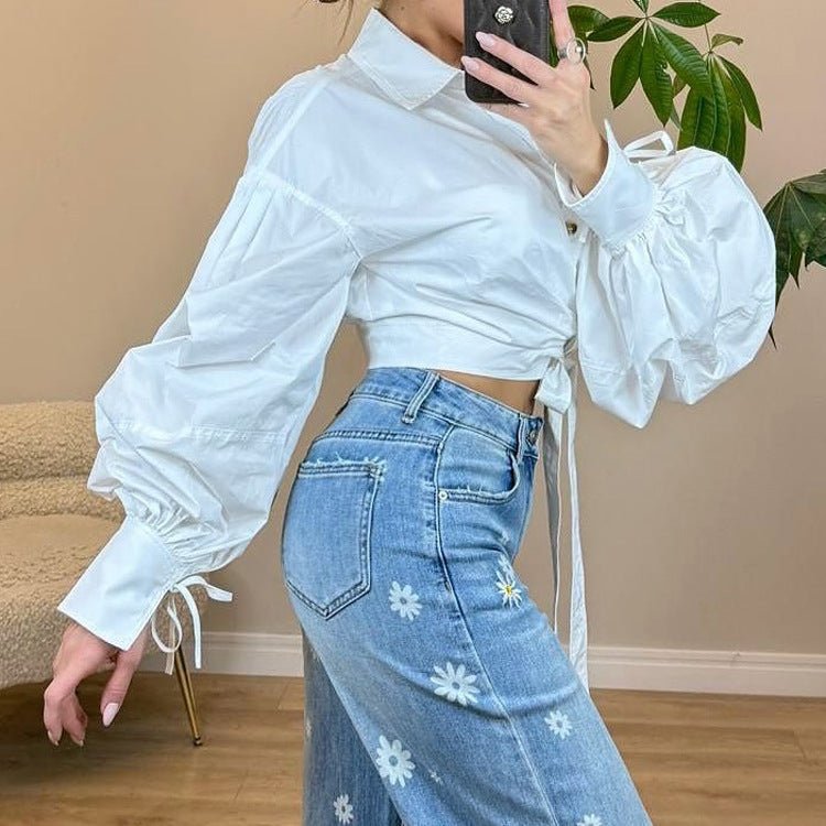 Women's Fall Lace Up Cropped Shirt Collared