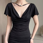 Women Clothing Summer Solid Color Swing Collar Retro Short