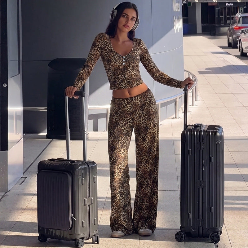 Women's Leopard Print Top & Trousers Set