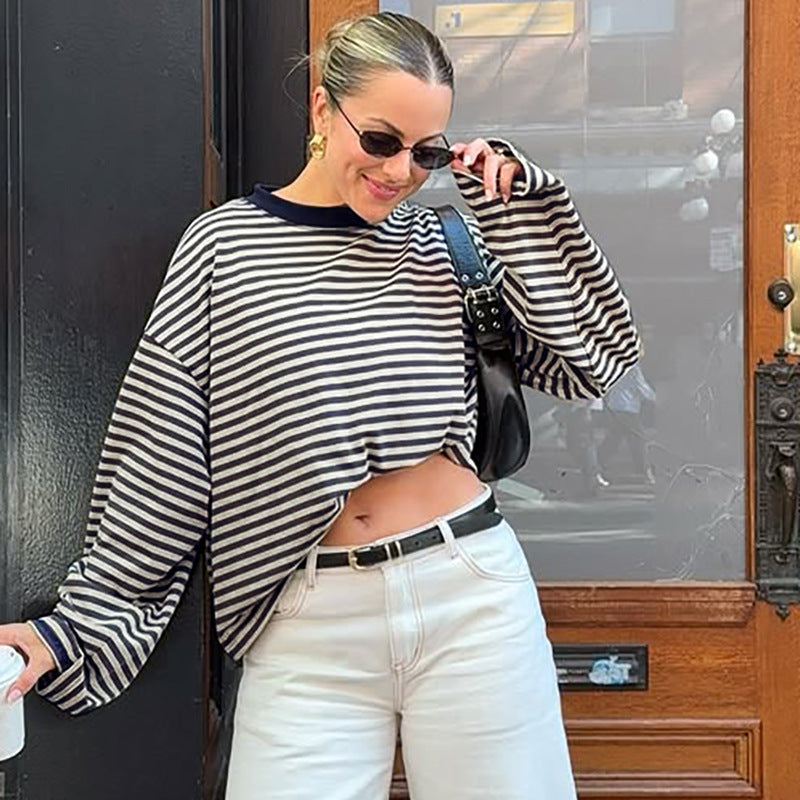 Women's 's Striped Crew-Neck Long-Sleeve T-Shirt