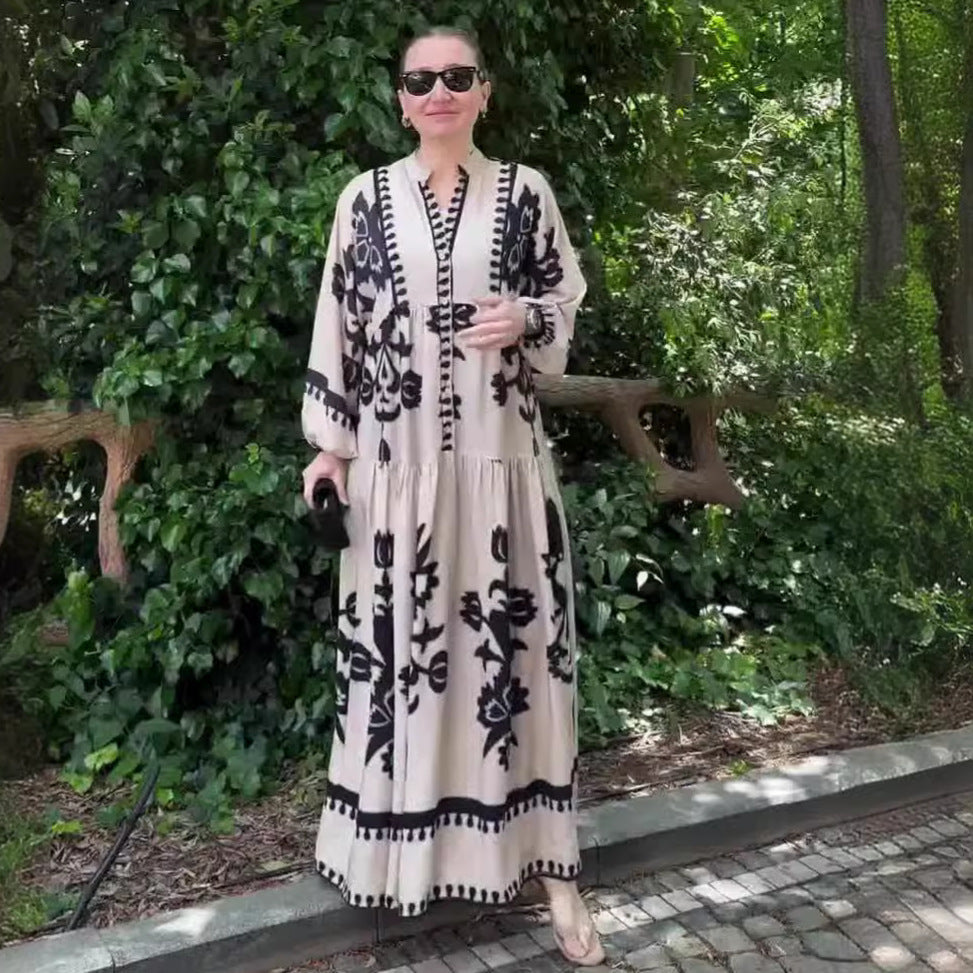 Printed Long-Sleeve Retro Dress