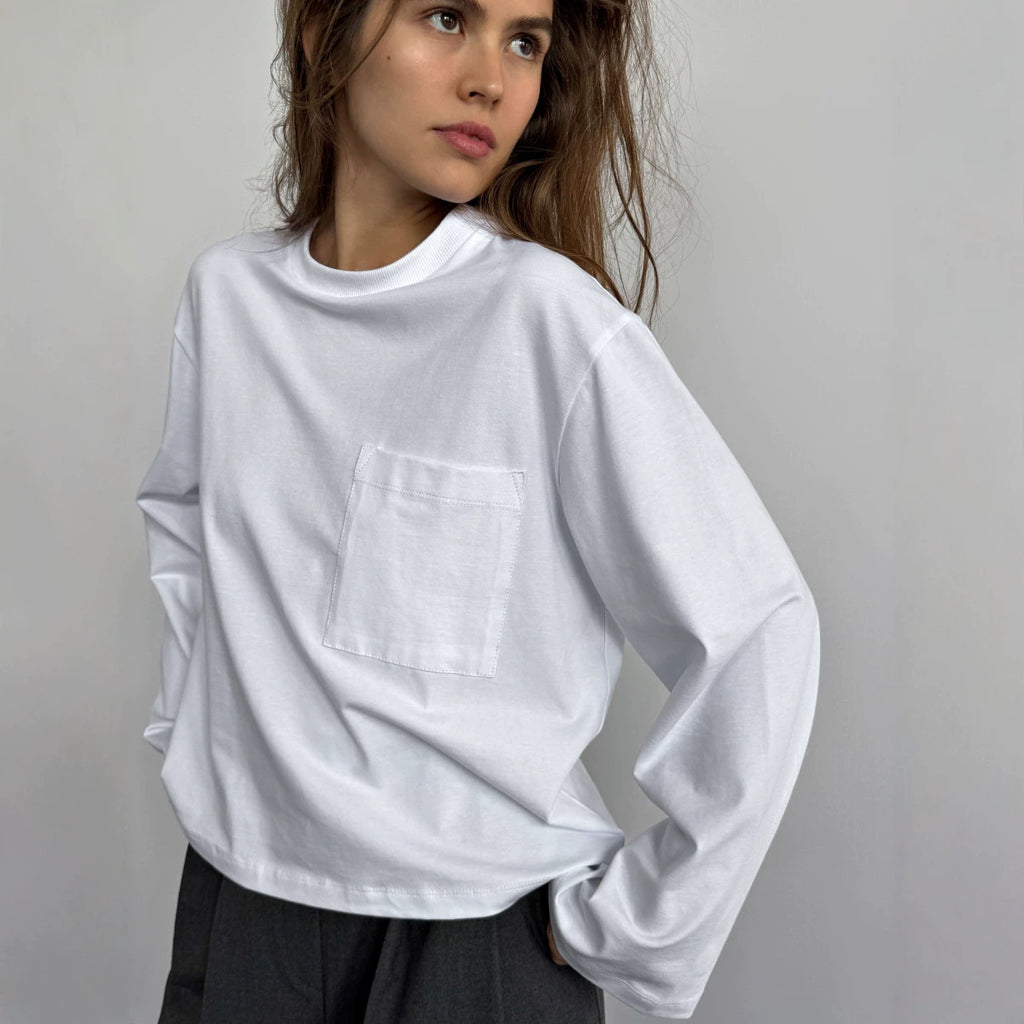 Women's Cotton Pocket Crew Neck Long Sleeve Top