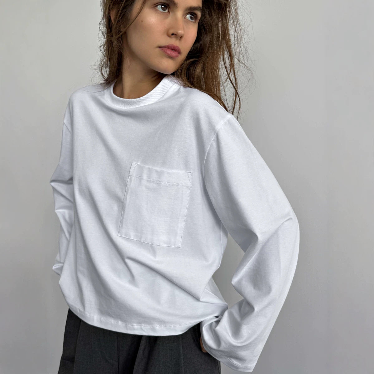 Women's Cotton Pocket Crew Neck Long Sleeve Top