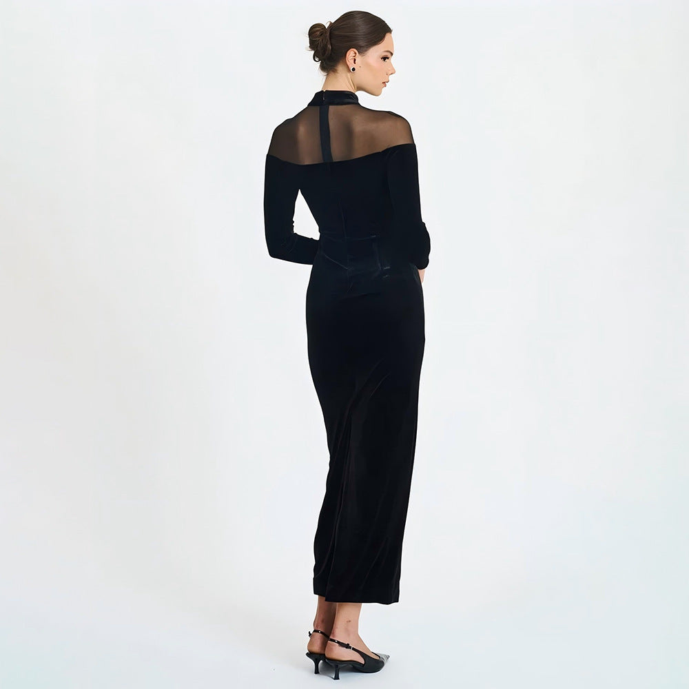 Women's Autumn Winter Wear Voile See Through Stitching Dress Sexy Tight Solid Color Dress