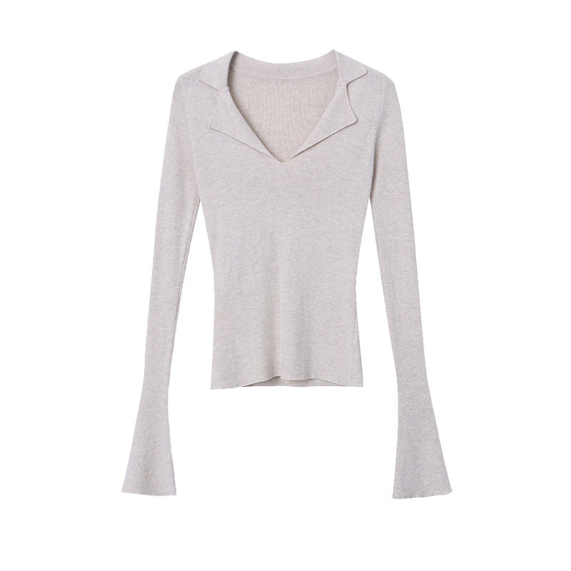 Women's Sinan French Paperman Early Autumn Fashionable Polo Large V Neck Slim Bottoming Shirt