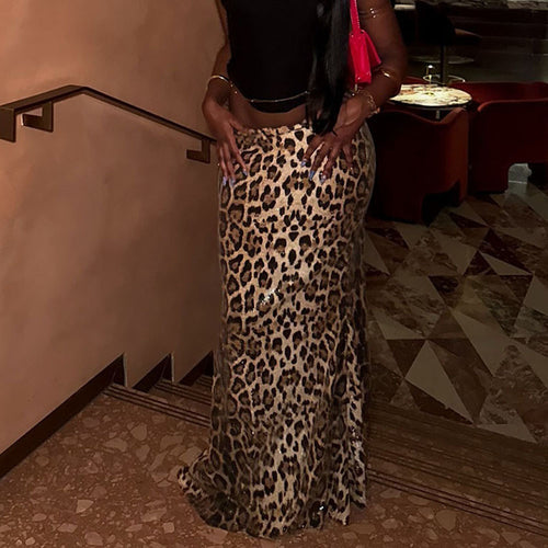 Leopard Print Sequin Stitching Double Layer Cover Stretch Women Skirt