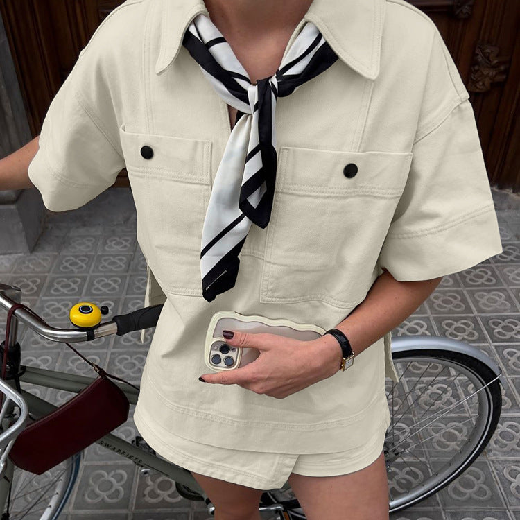 Loose Outfit Design Collared Short Sleeve Pocket
