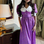 Women's Purple Floral Peter Pan Collar Tie-Neck Dress