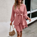 Elegant Dress Waist Lace Up Slimming V Neck Dress Women
