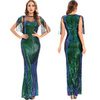 Women's Green Sequin Fringe Bodycon Evening Maxi Dress