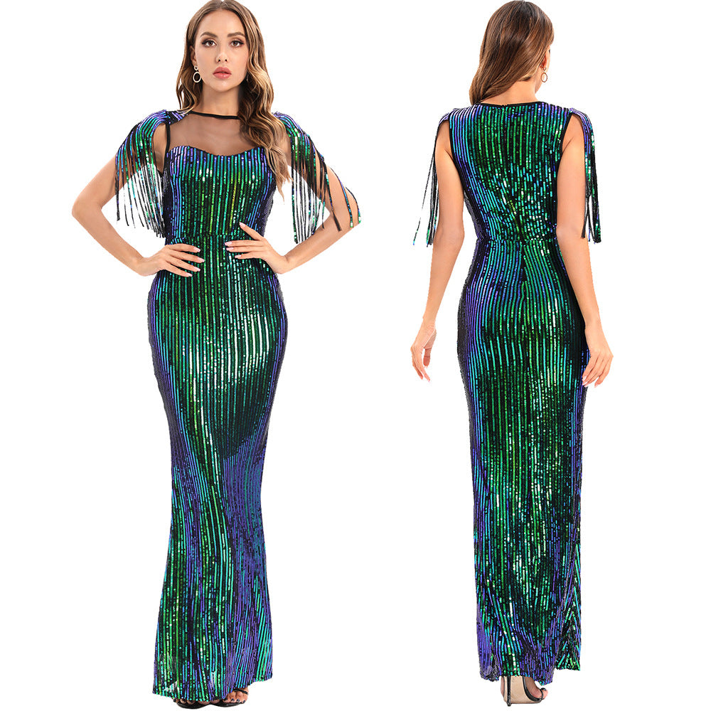 Women's Green Sequin Fringe Bodycon Evening Maxi Dress