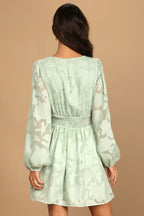Women's Smocked Chiffon V-Neck Lantern-Sleeve Dress