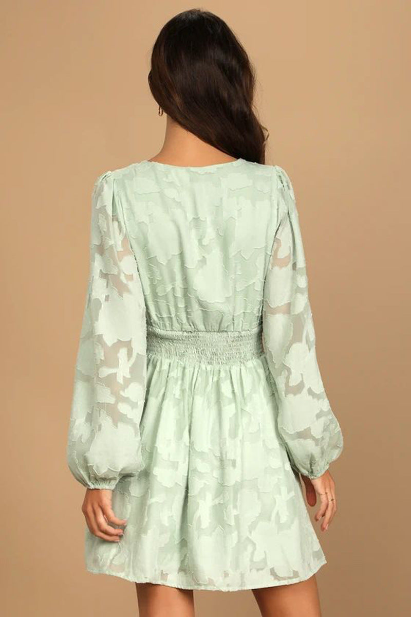 Women's Smocked Chiffon V-Neck Lantern-Sleeve Dress