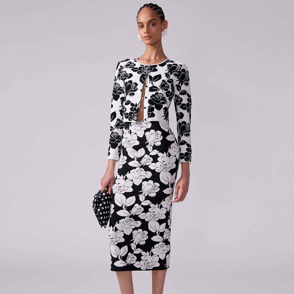 Women's Bandage Jacquard Knitting Black White Floral Jacquard Short Top Hip Skirt Two