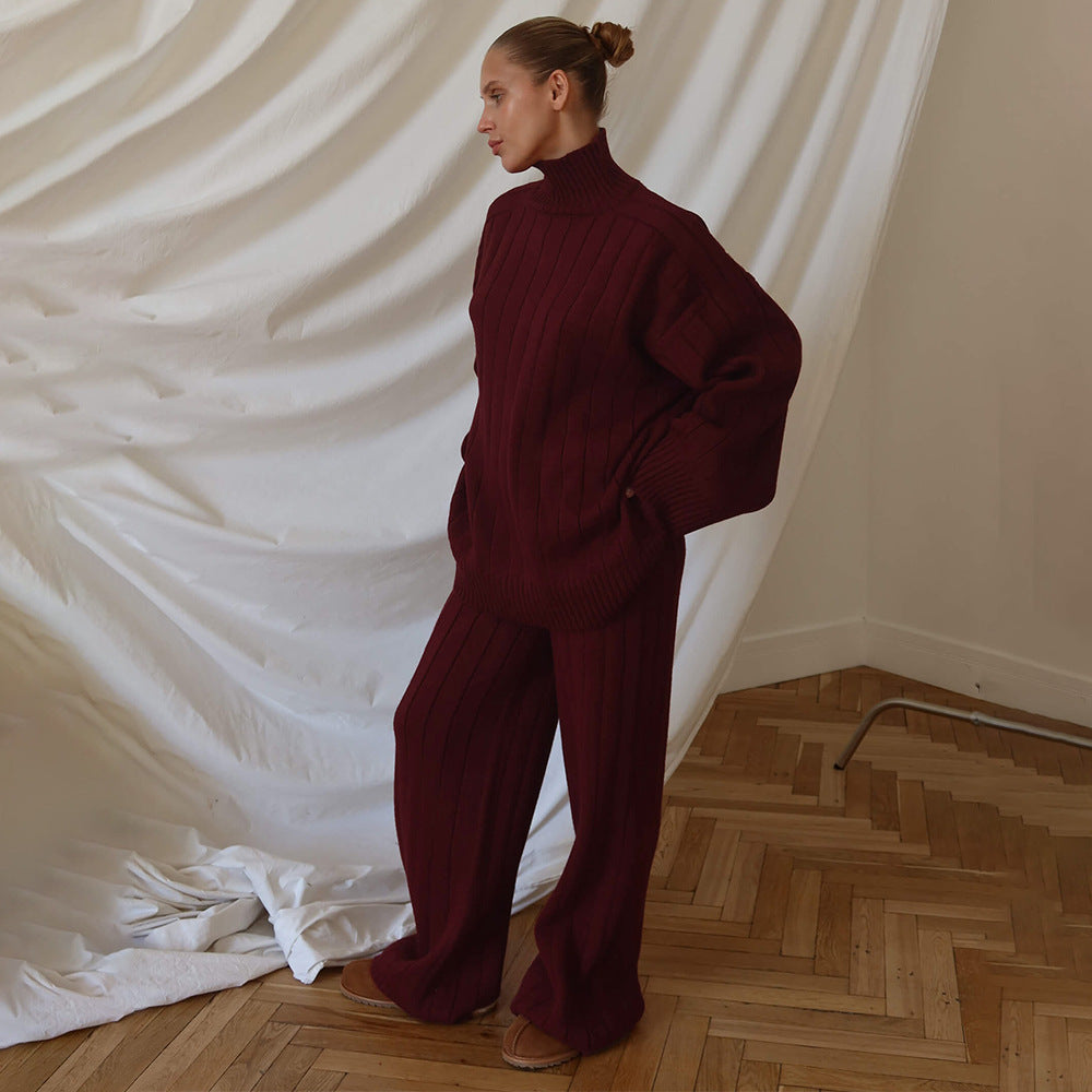 Women's Turtleneck Knitting Autumn Winter Sunken Stripe Loose Fitting Comfortable Sweater Wide Leg Pants Two Piece Set
