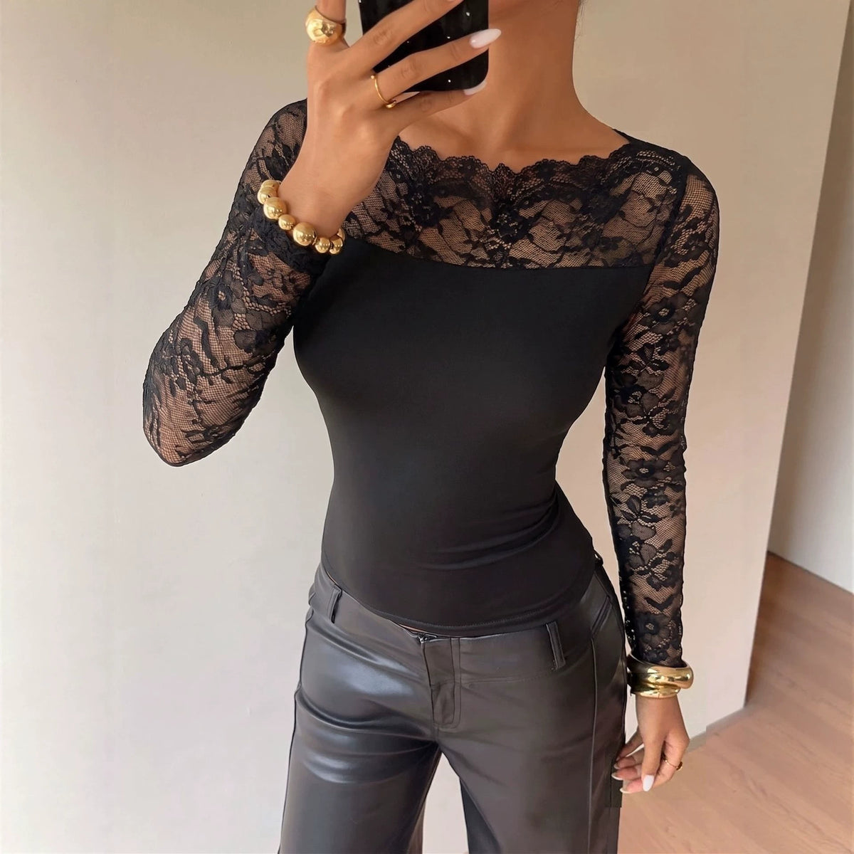 's Autumn Boat Neck Lace Stitching Coat Long Sleeved Fitted T Shirt