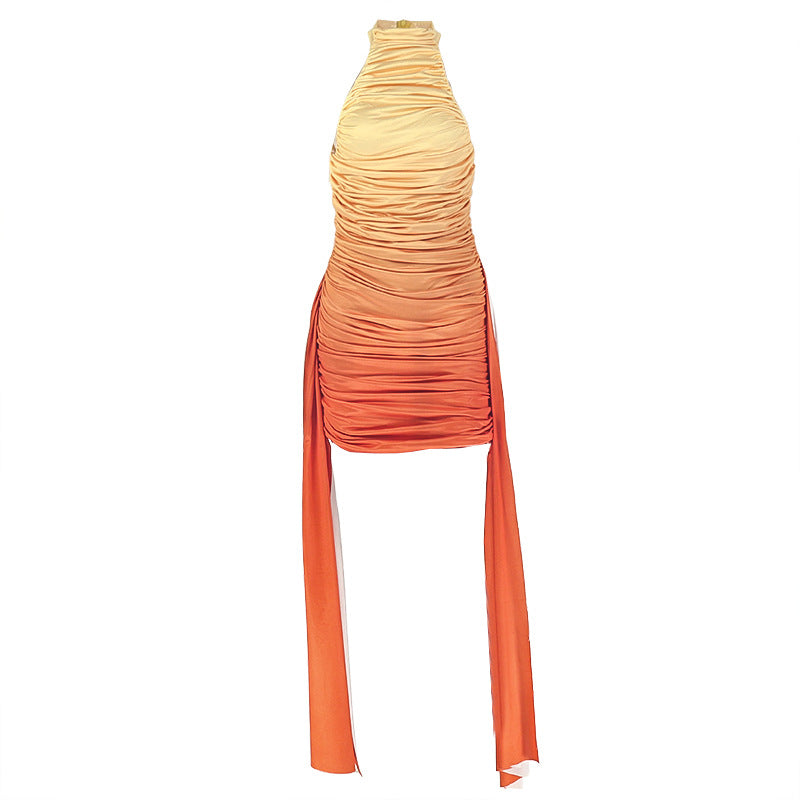 Gradient Ruffle Design Hip Lace Up Round Neck Night Waist Tight