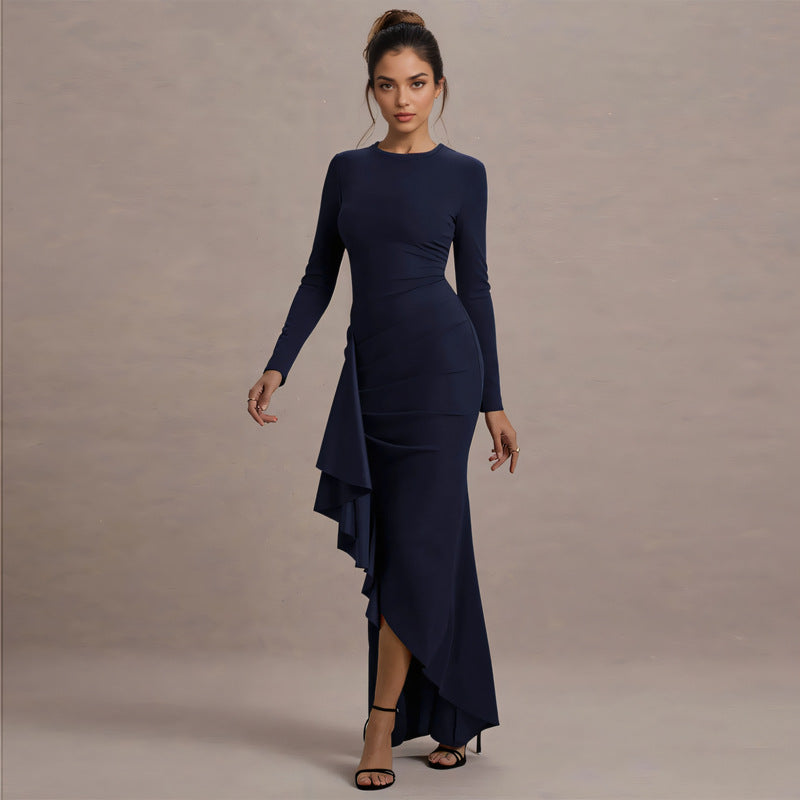 Women's Crew-Neck Ruched Ruffle Asymmetric Maxi Dress