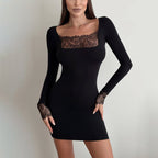 Women's Square-Neck Lace-Trimmed Long-Sleeve Dress