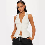 's Office Breasted Shirt Vest Polo Collar Solid Color V Neck
