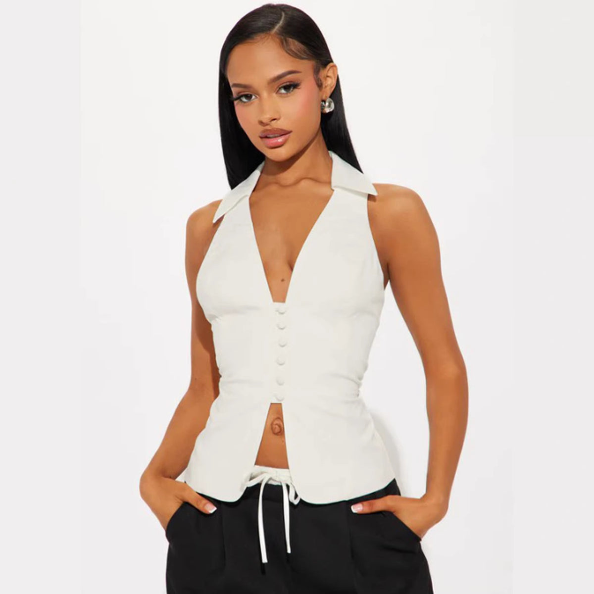 's Office Breasted Shirt Vest Polo Collar Solid Color V Neck