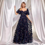 Evening Wear High Grade Floral U Neck Evening Dress Short Sleeve Slim Fit Party Cocktail Dress Women