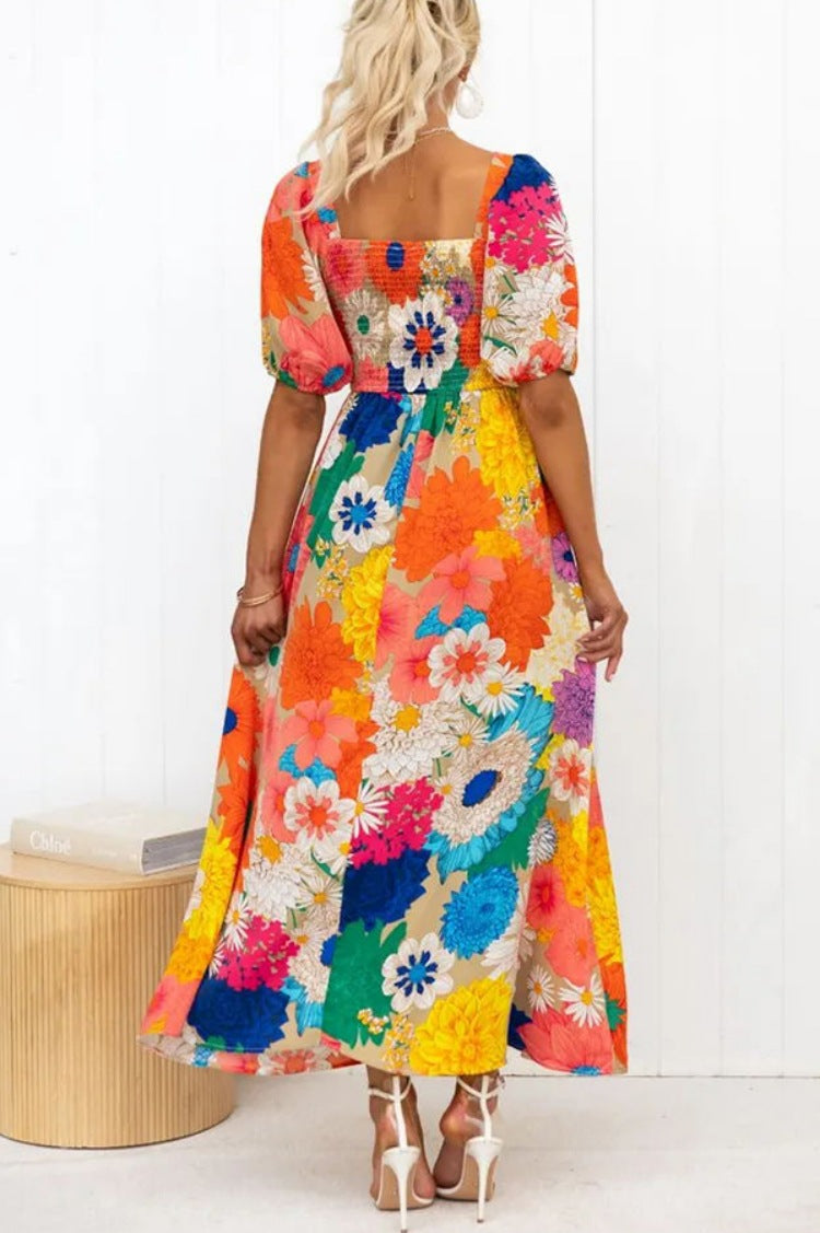 V-Neck French Printed Puff-Sleeve Dress