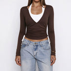 Women's Halter Faux Long-Sleeve T Shirt Back Lace Up Design Slim Fit Figure Flattering Graceful Tops Two-Piece Set