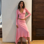 Women's V-Neck Top And Skirt Set