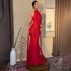 Halter-Neck Backless Lace Maxi Dress