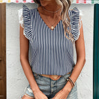 Women's Summer Women Flying Sleeves V Neck Striped Shirt Women