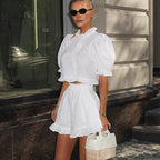 Autumn Women Stand Collar Puff Sleeve Ruffle Top Shorts