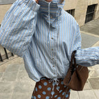 Street Stand Collar Striped Shirt Women Loose Long Sleeves