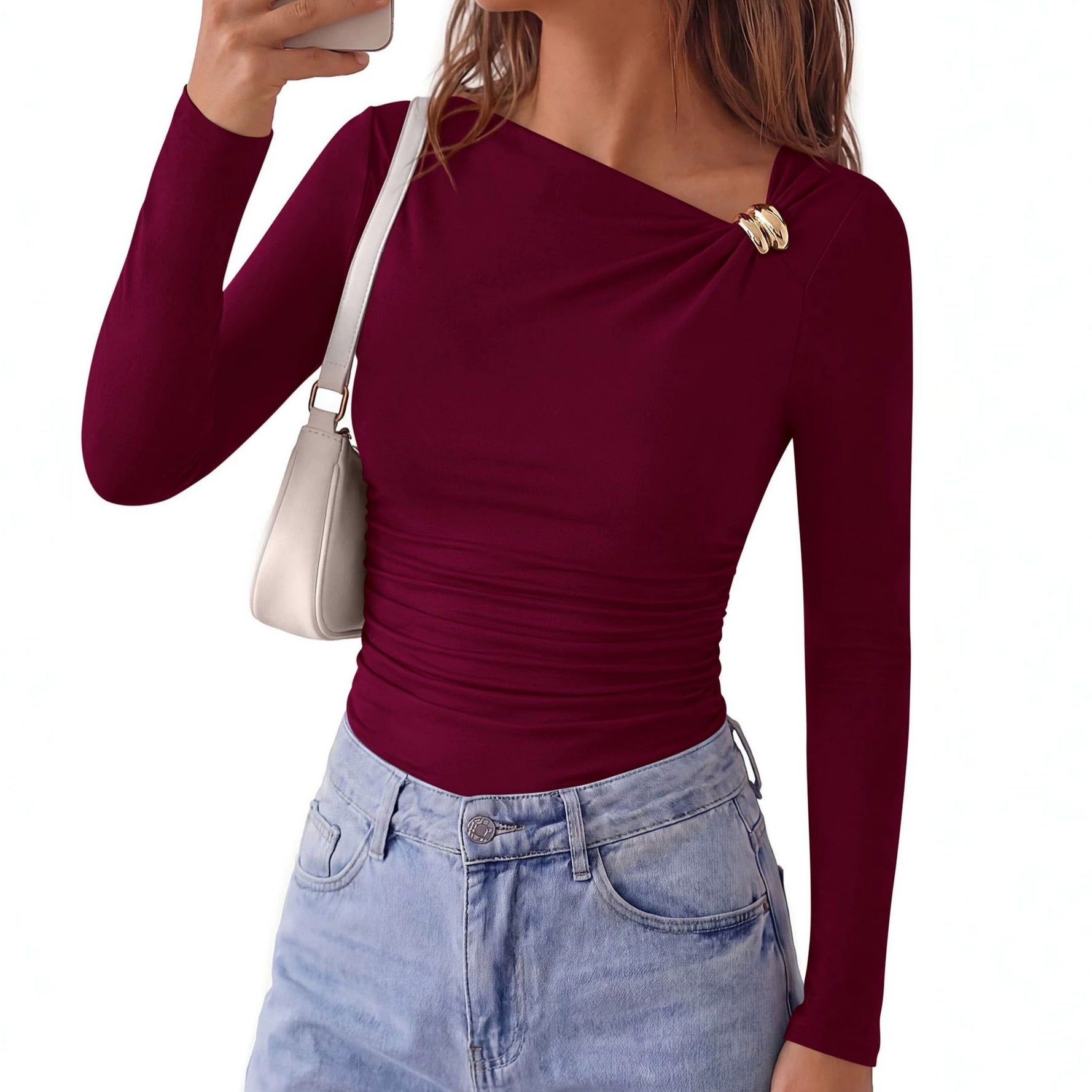 Women Clothing Diagonal Collar Pleated Slim Fit Bottoming