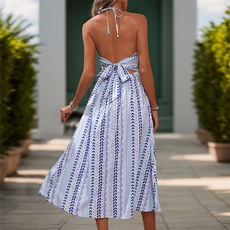 Geometric Print Backless Halter Dress