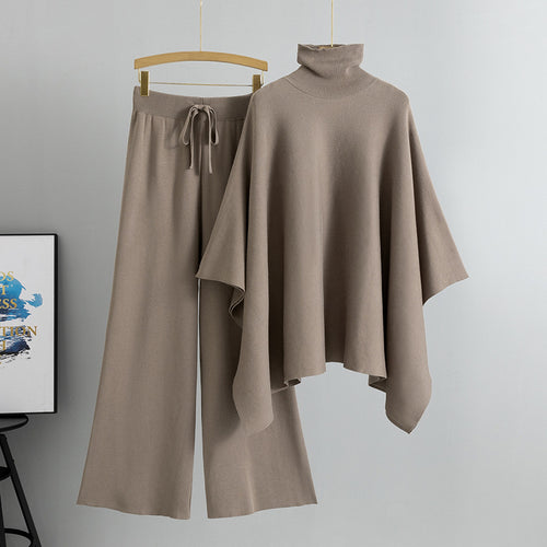 Women’s knit turtleneck cape set with wide-leg pants, taupe, poncho-style sleeves