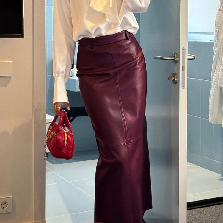 Faux-Leather Wine-Red Sheath Skirt