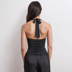 's Elegant V Neck Flounce Backless Lace Up Halter Top
