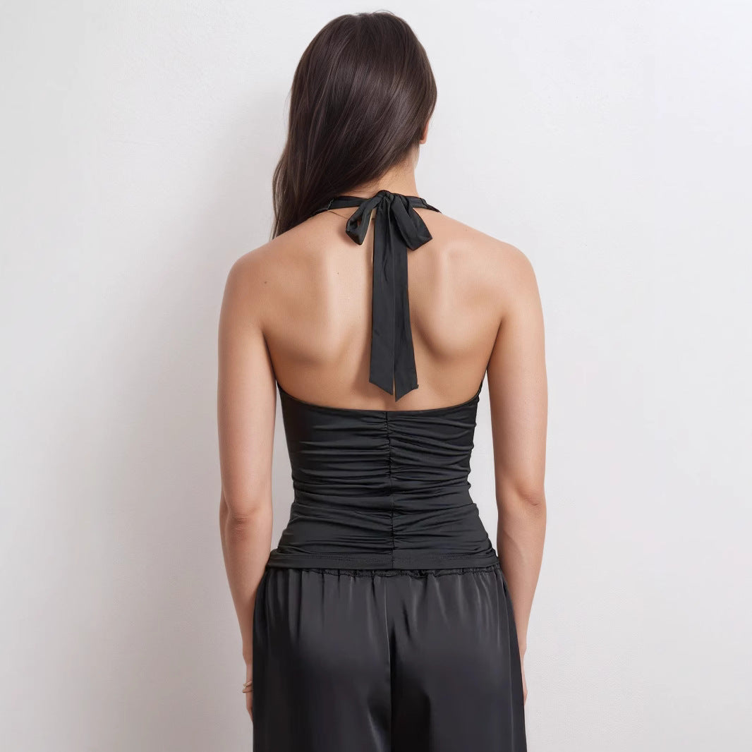 's Elegant V Neck Flounce Backless Lace Up Halter Top