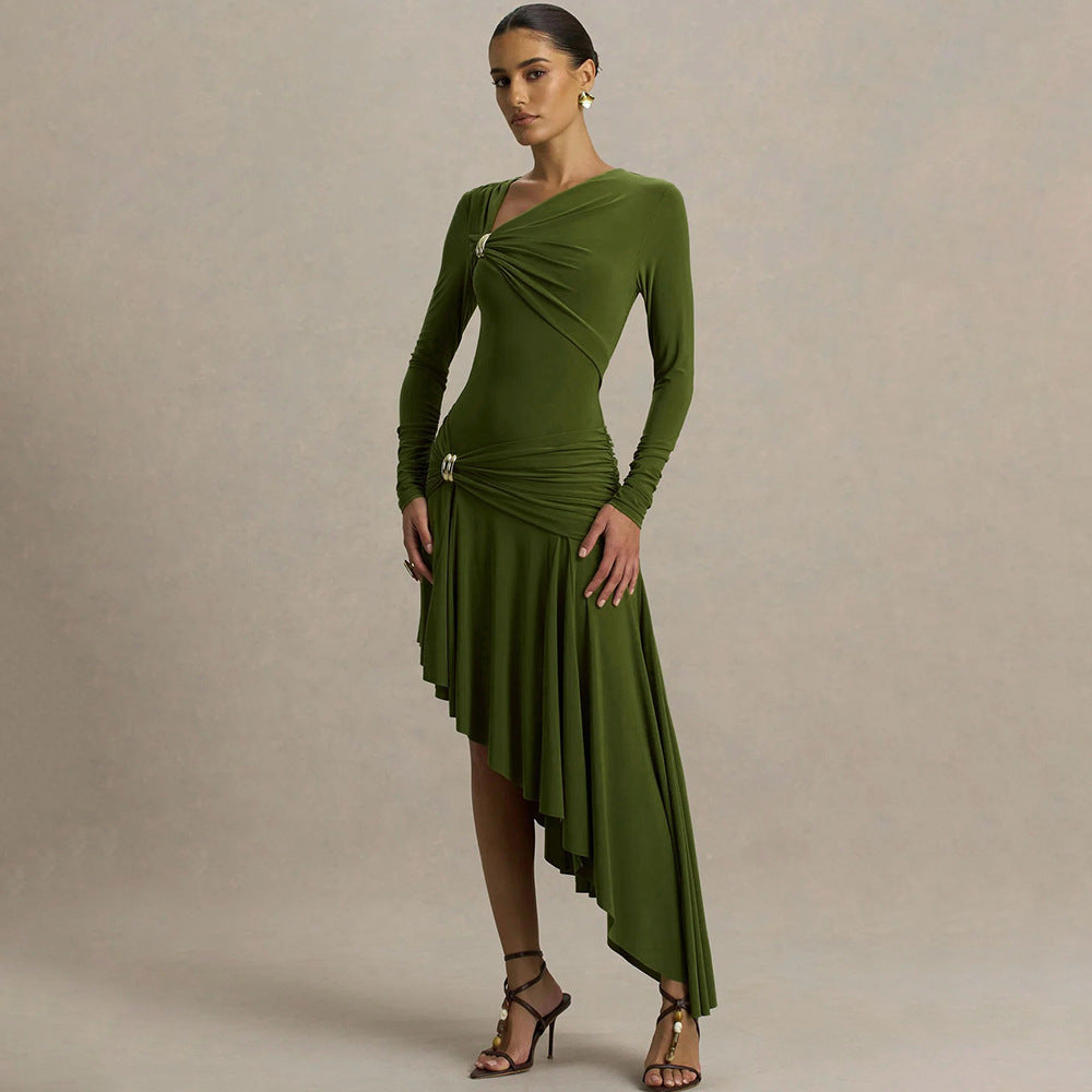 Women's Slim Dress Pleated Irregular Asymmetric Maxi Dress