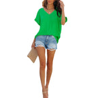 Women's Summer Casual Loose Simple Solid Color Short Sleeve Chicken Hearts V Neck T Shirt Short Top For Women