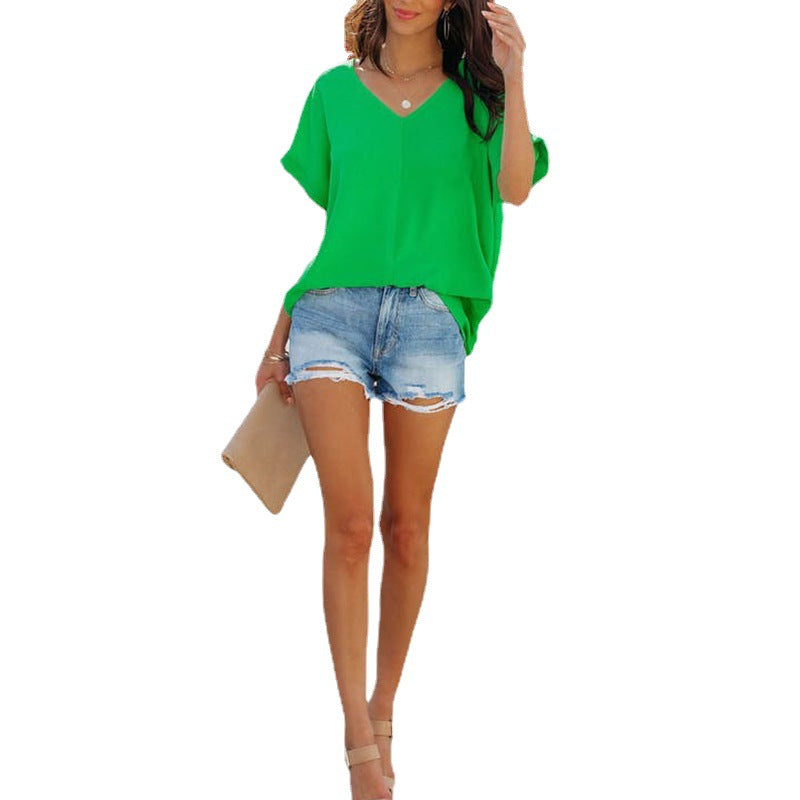Women's Summer Casual Loose Simple Solid Color Short Sleeve Chicken Hearts V Neck T Shirt Short Top For Women