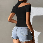 Women’s Black Asymmetric Mock Neck Short Sleeve Top