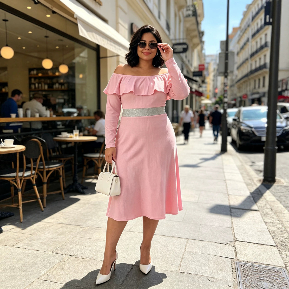 Women's Plus Size Off Shoulder Ruffled Contrast Color Waist